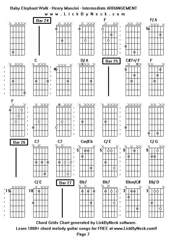 Chord Grids Chart of chord melody fingerstyle guitar song-Baby Elephant Walk - Henry Mancini - Intermediate ARRANGEMENT,generated by LickByNeck software.